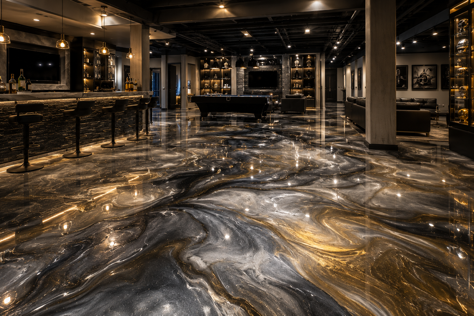 Metallic epoxy flooring with high gloss finish