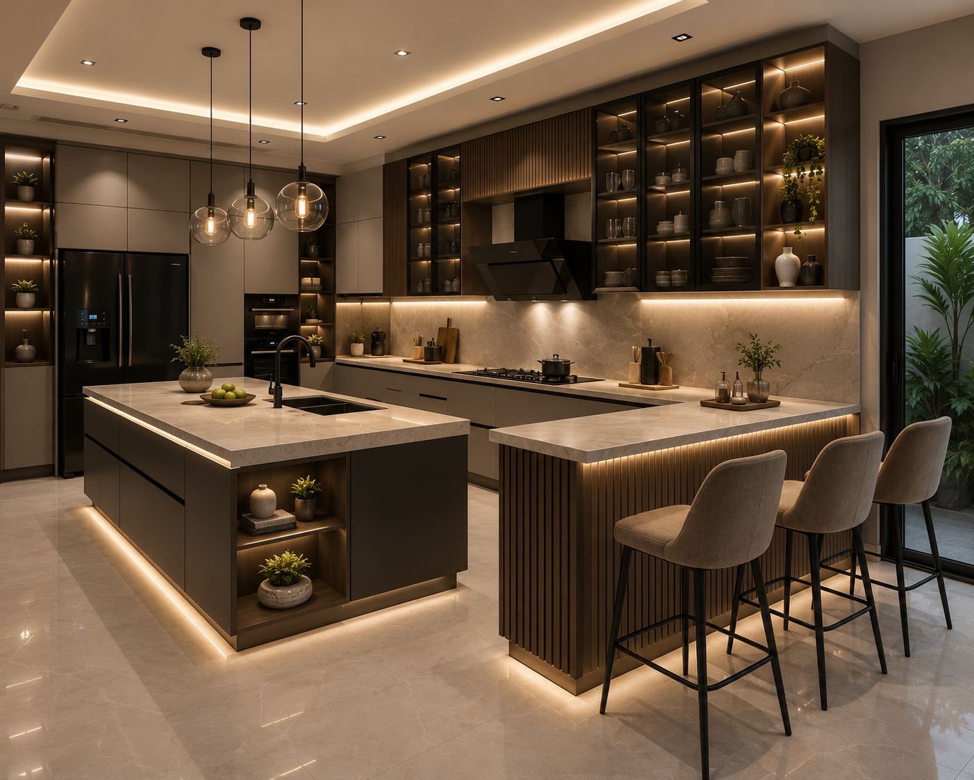 Gruha Interiors luxury modular kitchen with island and warm lighting