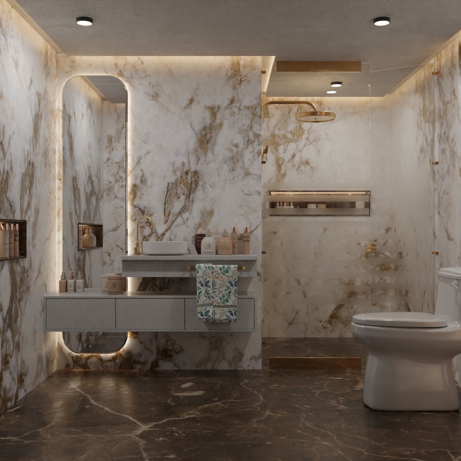 High-end marble bathroom with refined ambient lighting