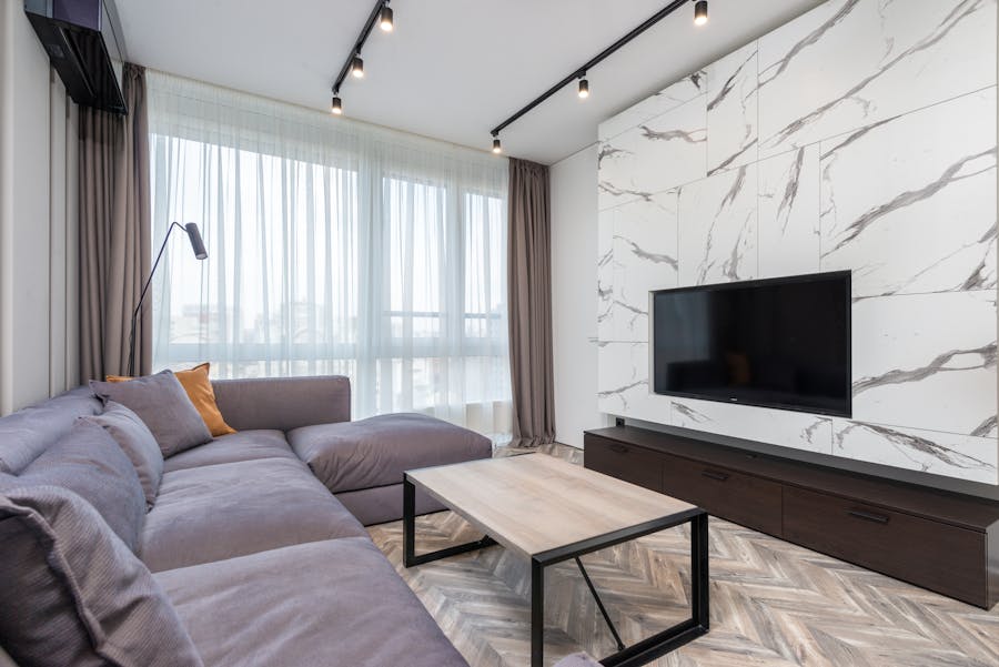 Marble feature TV wall with integrated media unit