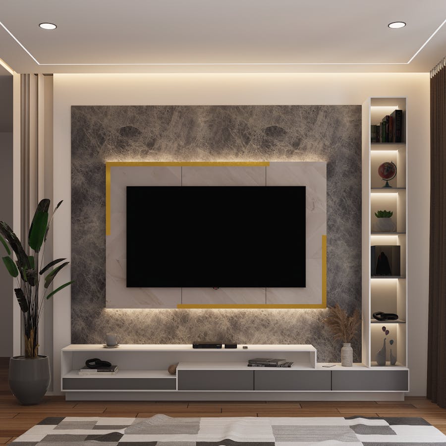 LED-lit media wall with backlit shelves and modern TV unit