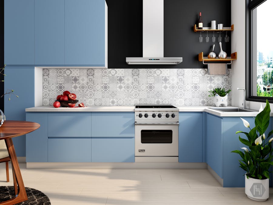 Designer modular kitchen with patterned backsplash