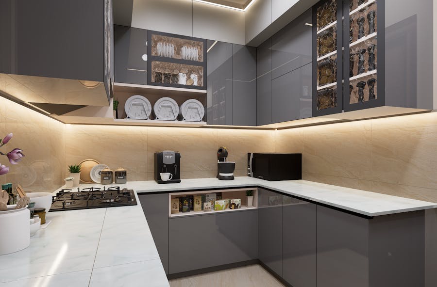 Sleek grey modular kitchen with marble countertops