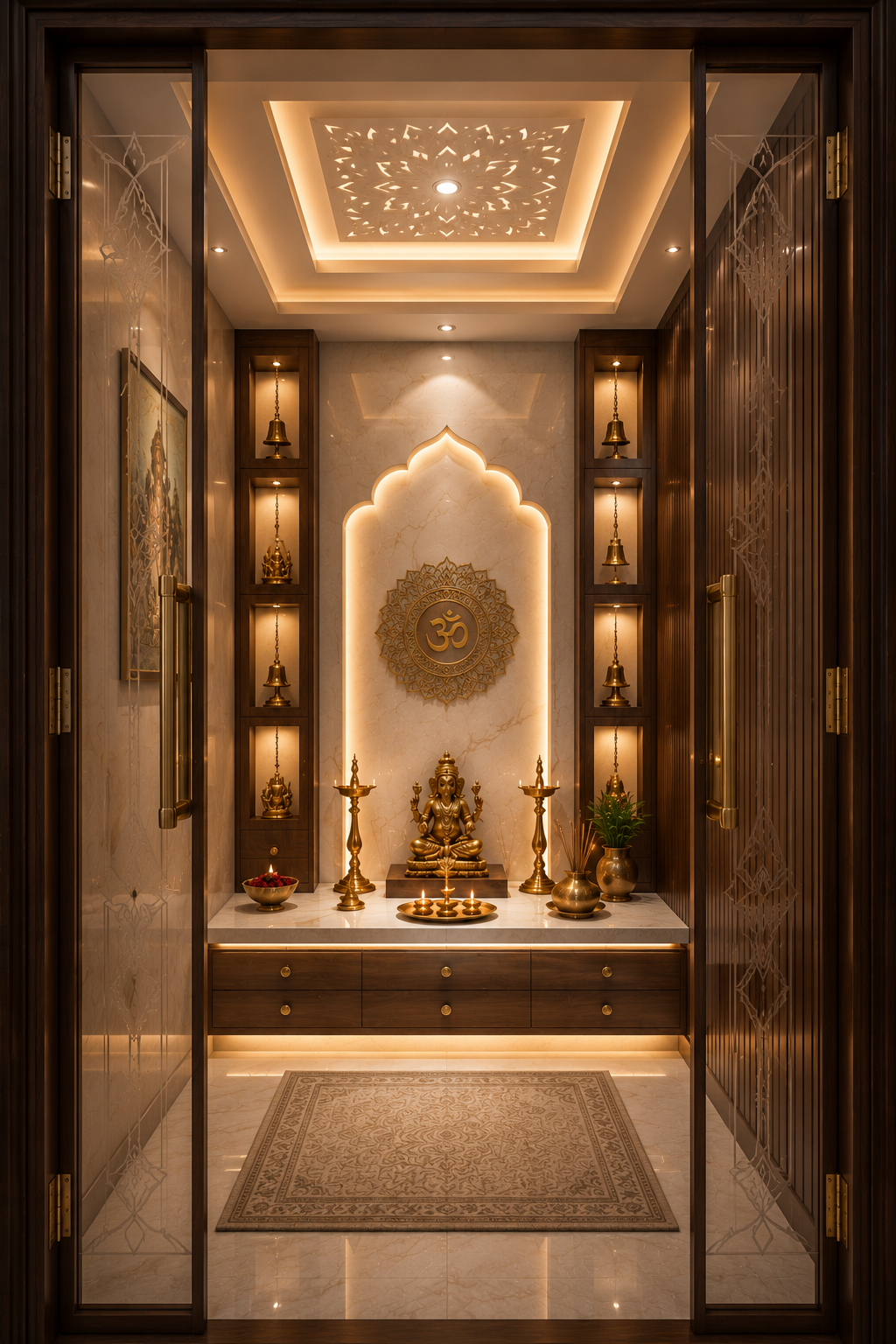 Hand-carved wooden mandala panel for mandir back wall