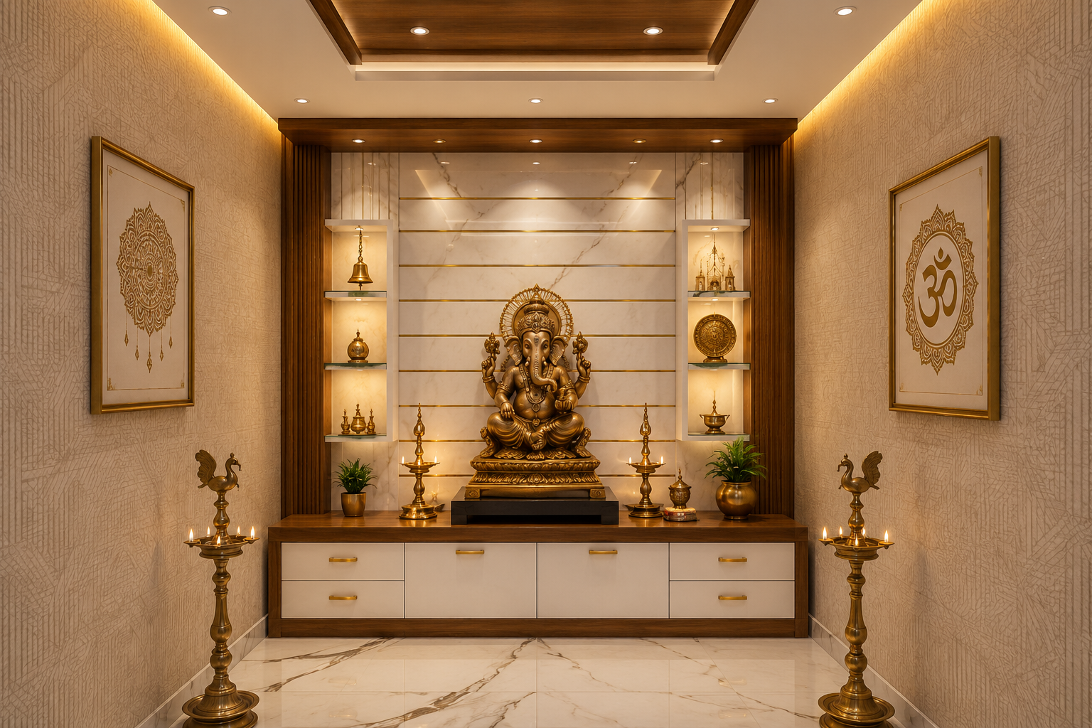 Backlit jali screen casting geometric light into a pooja space