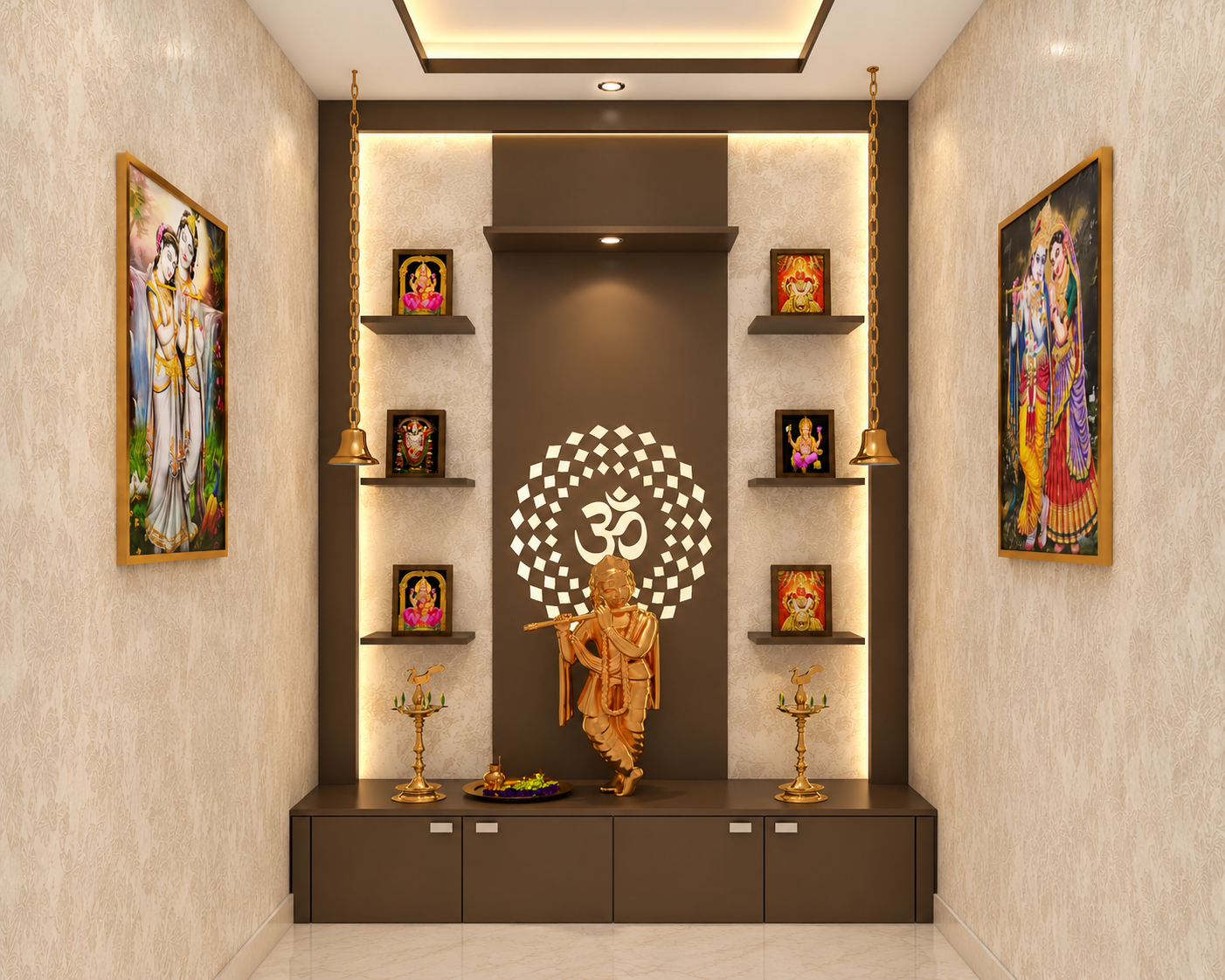 Diya ritual ambience with marigolds and candle reflections on wood