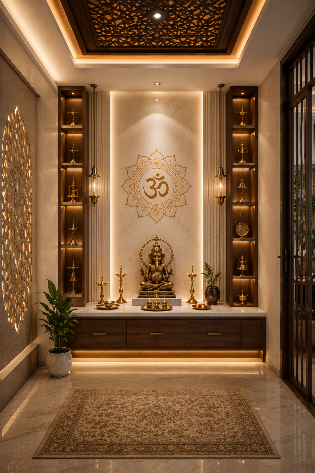 Brass oil lamp catching warm light against soft architectural backdrop