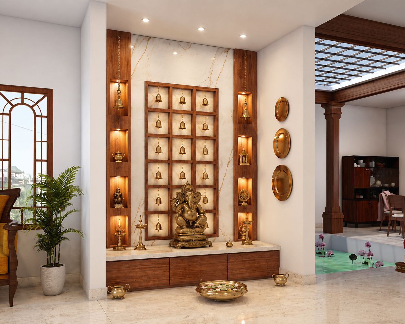 Built-in wooden mandir alcove with warm pendant lighting
